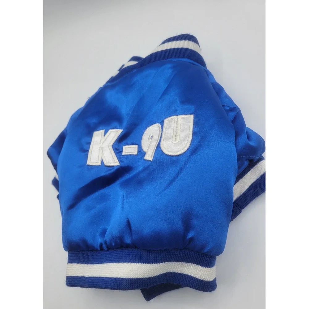 K-9U Blue Satin Dog Varsity Jacket Small Embroidered Pet apperal Bomber Coat‎